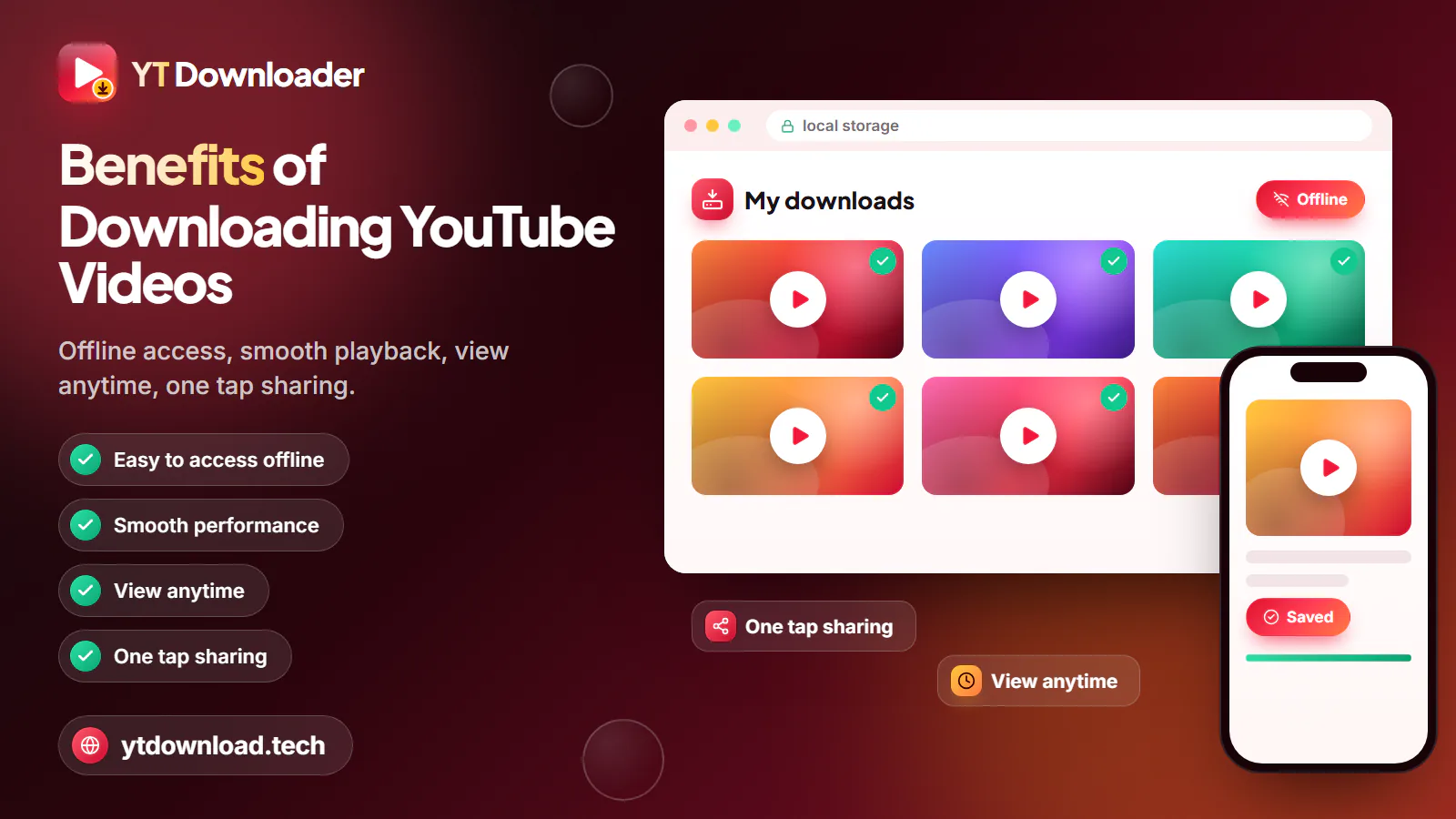 Offline downloads library on a laptop with a phone showing a saved video, plus one-tap sharing and view-anytime chips