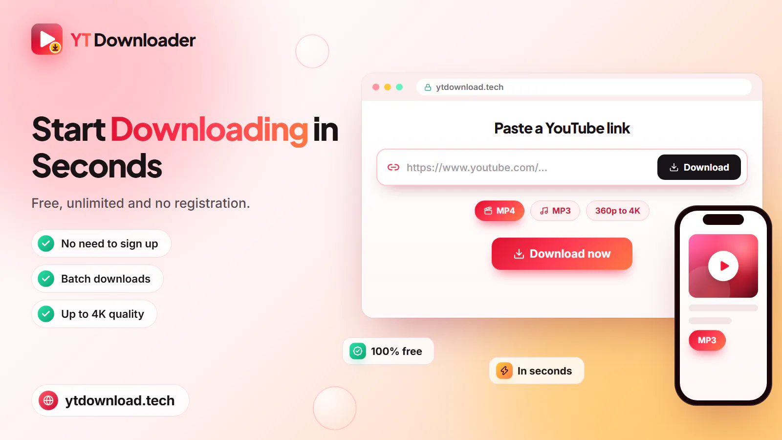 Pasting a YouTube link into ytdownload.tech and pressing Download now, with a phone showing an MP3 download