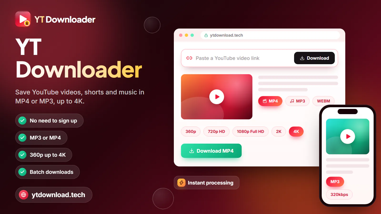 YT Downloader with a YouTube link field, MP4 and MP3 chips, quality options up to 4K and a phone saving audio