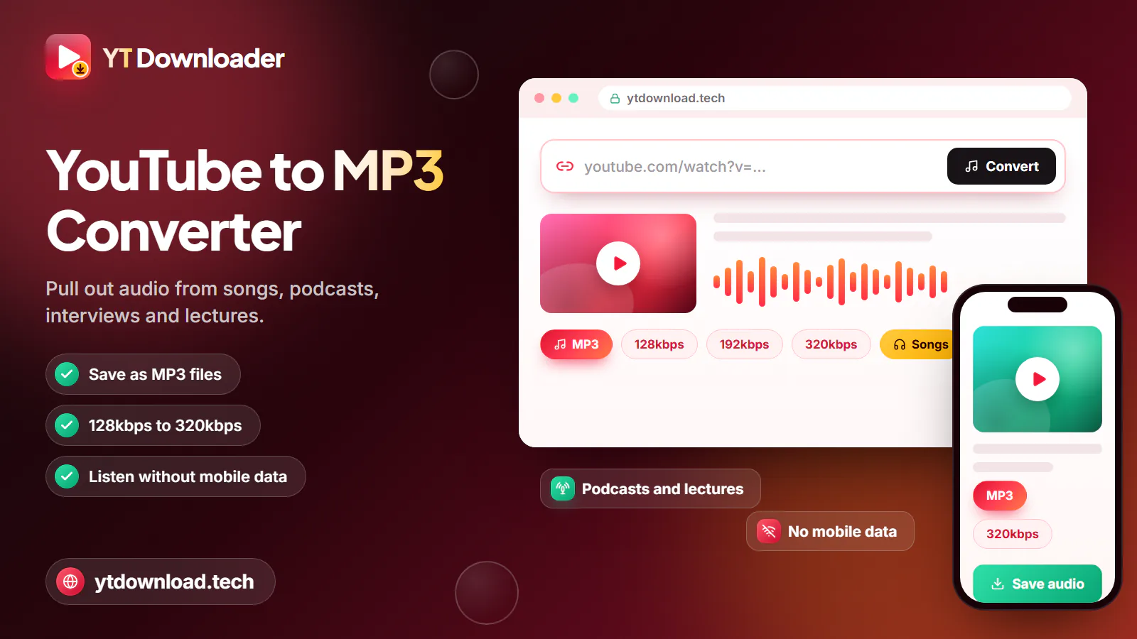 YouTube to MP3 converter showing an audio waveform, 128kbps to 320kbps quality chips and a Save audio button